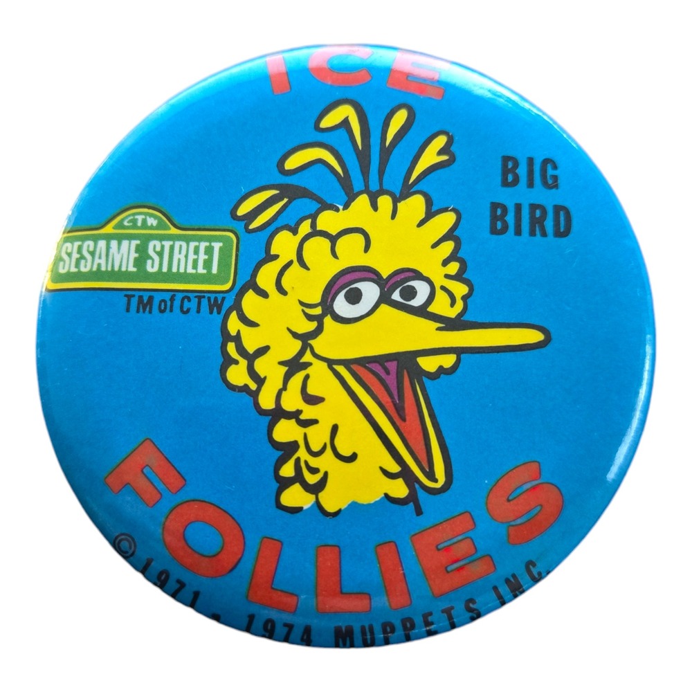 Sesame Street Pinback Button Vintage 1970s Big Bird Ice Follies 3.5"‎